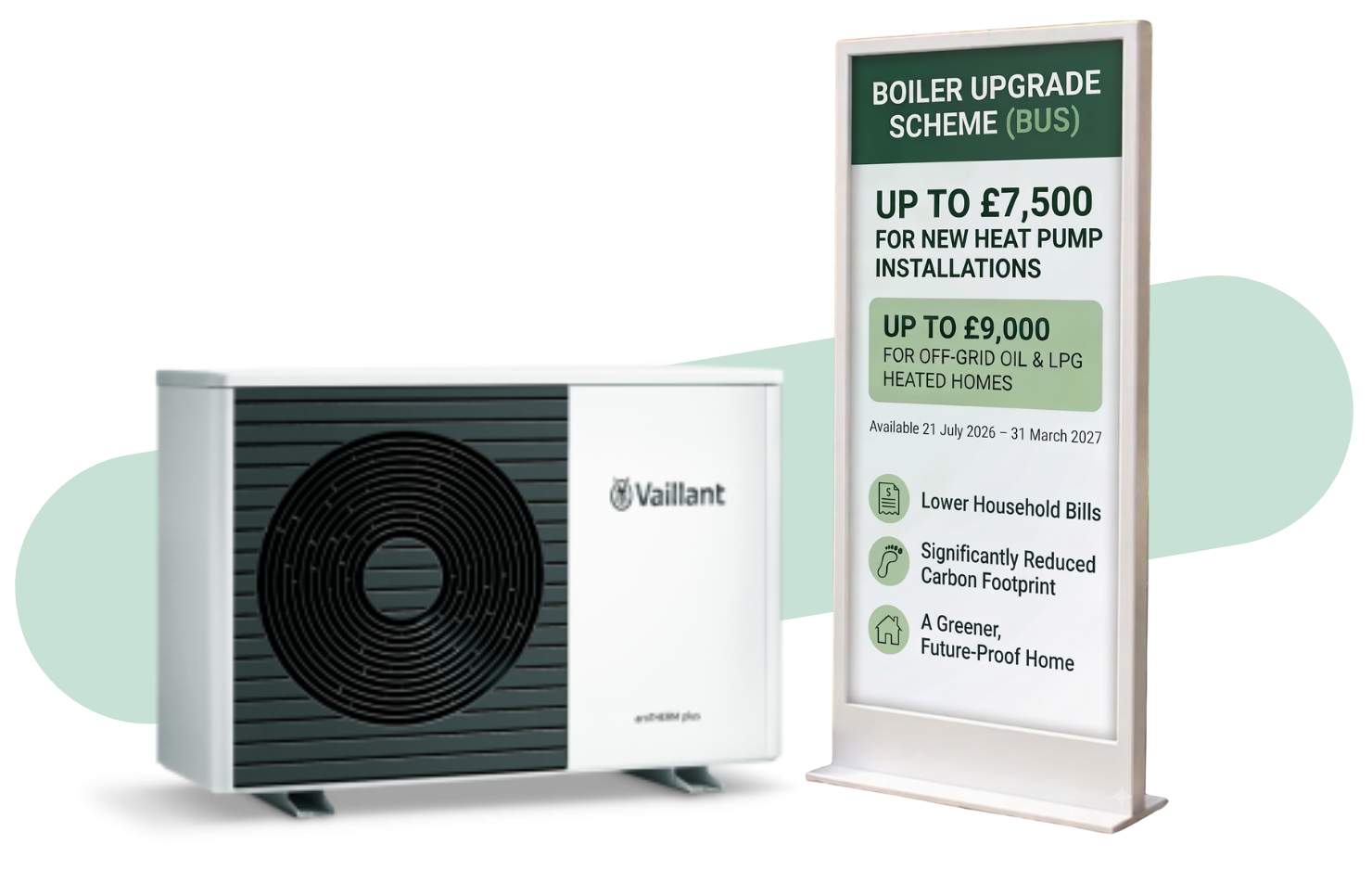 Boiler Upgrade Scheme grant illustration showing up to £7,500 for heat pumps and £9,000 for off-grid oil and LPG homes